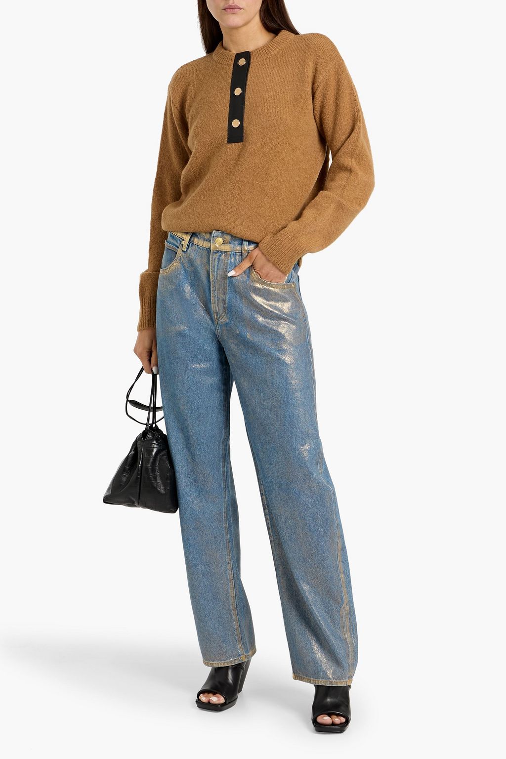 FRAME Coated metallic high-rise barrel-leg jeans