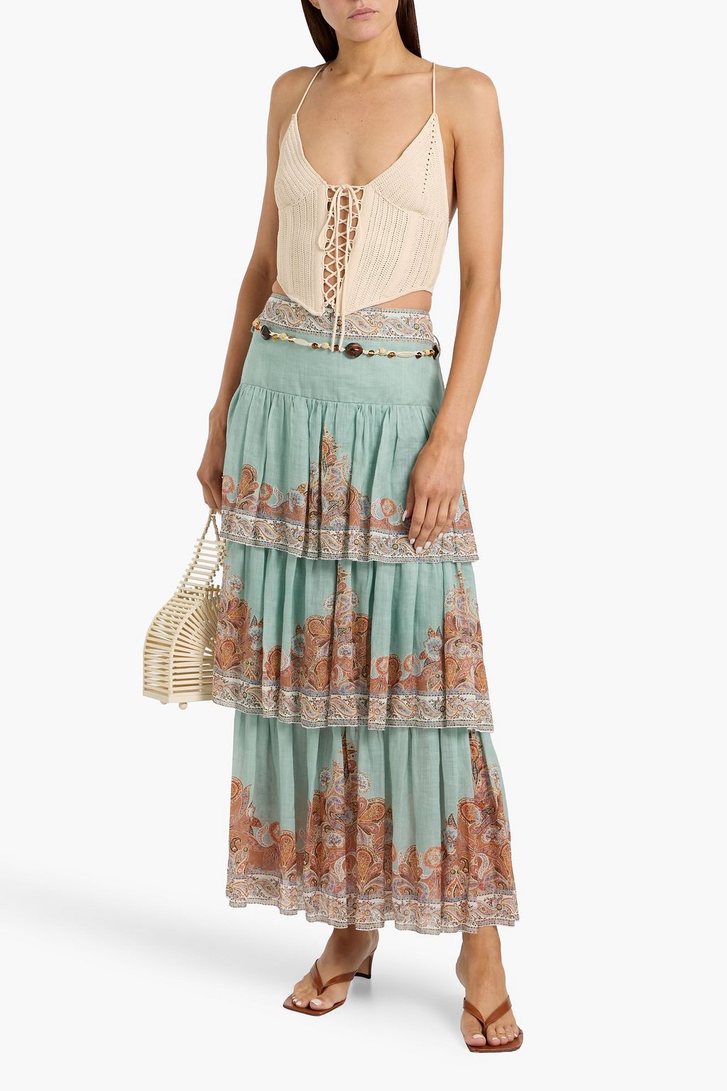 ZIMMERMANN Tiered paisley-print ramie maxi skirt
