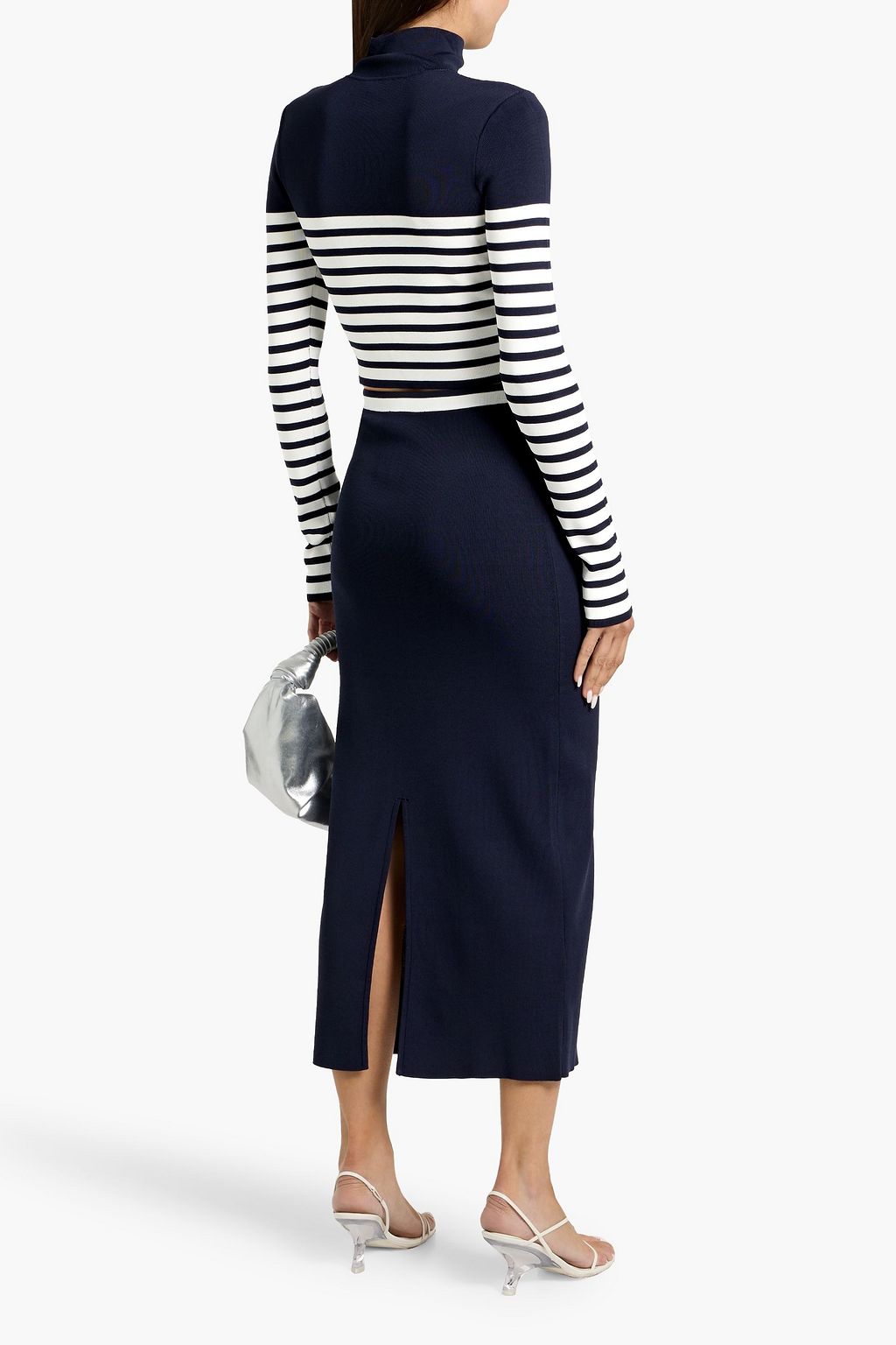 STAUD Karina striped knitted midi skirt