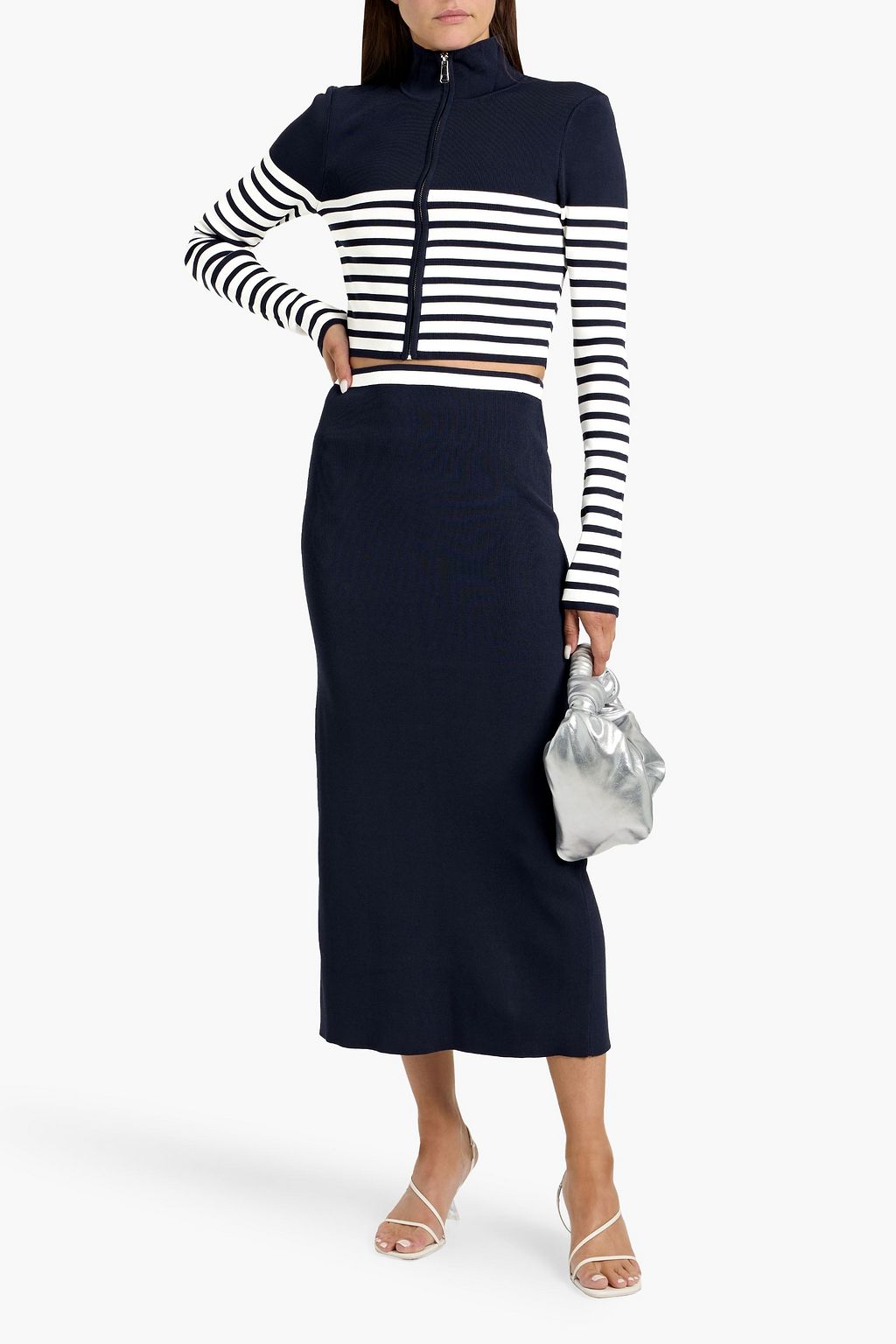 STAUD Karina striped knitted midi skirt