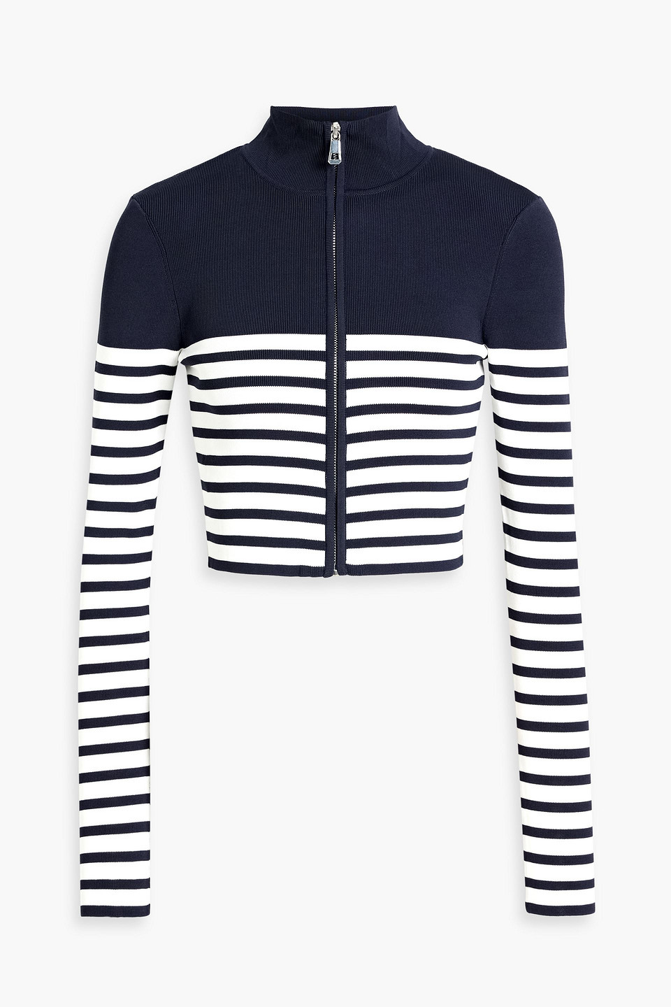 Staud Raft Striped Ribbed-knit Cardigan In Black