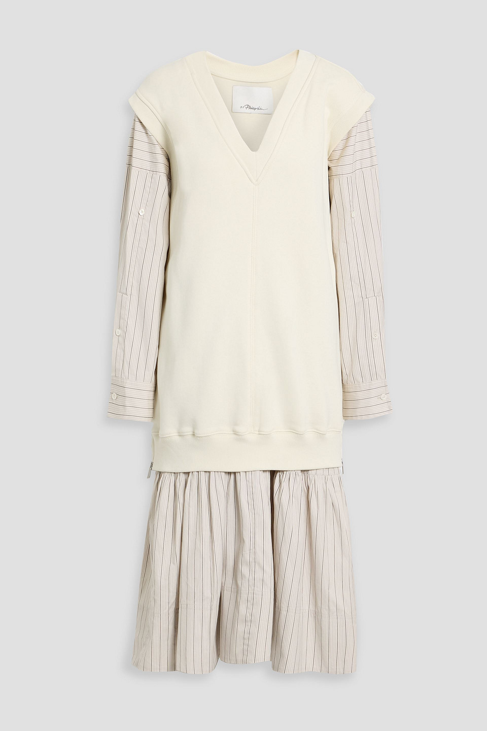 Layered striped cotton-poplin and French-terry midi dress