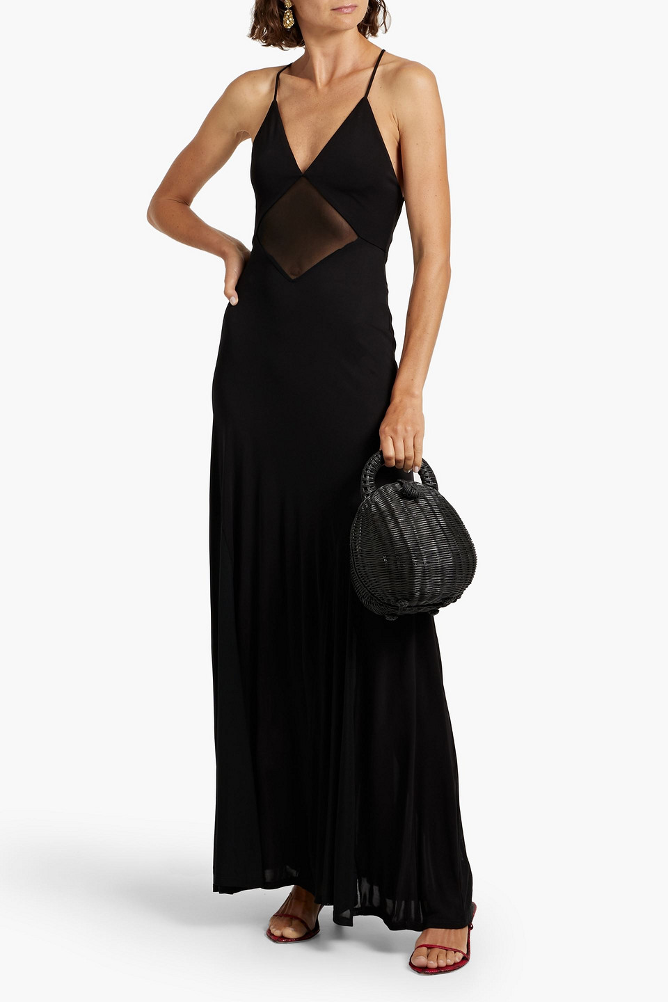 Staud Fleur Mesh-trimmed Jersey Maxi Dress In Black