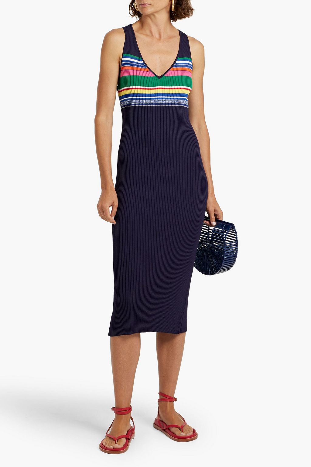 STAUD Dana striped ribbed-knit midi dress