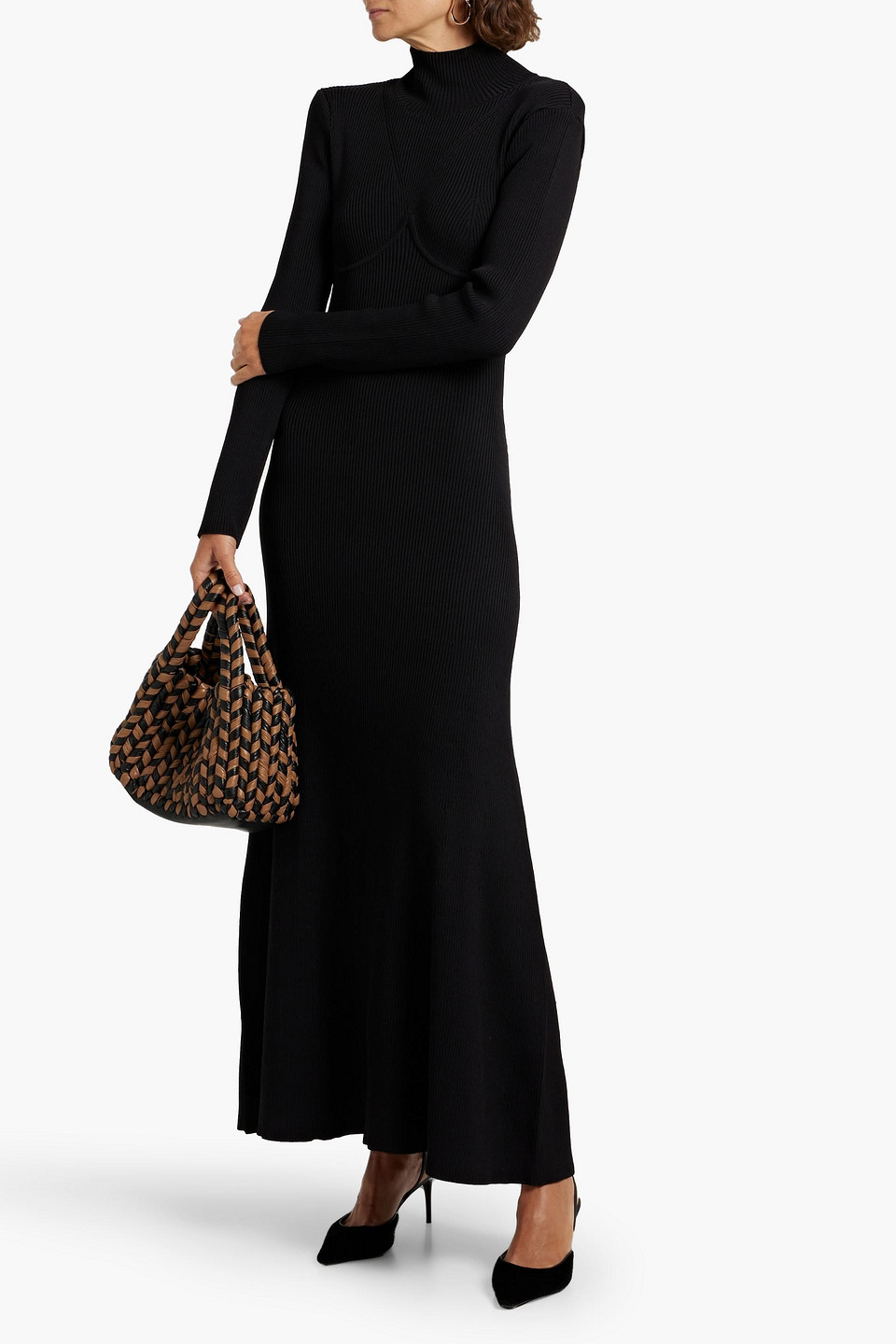 Staud Obsidian Open-back Ribbed-knit Turtleneck Maxi Dress In Black