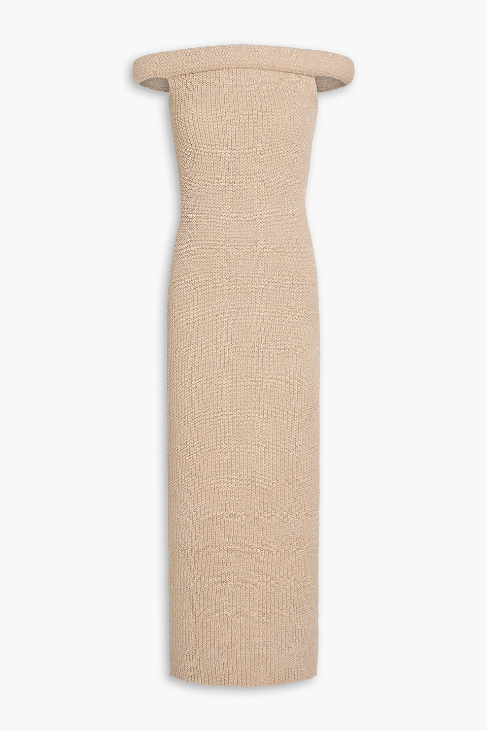 Totême Off-the-shoulder Metallic Textured-knit Maxi Dress In Sand