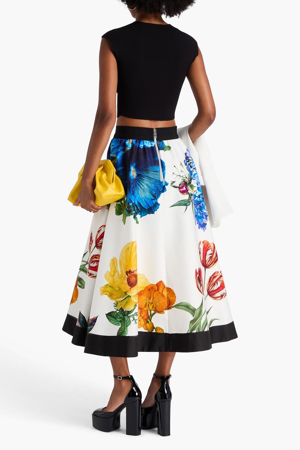 ALICE + OLIVIA تنورة متوسطة الطول من القطن المرن بنقوش الأزهار