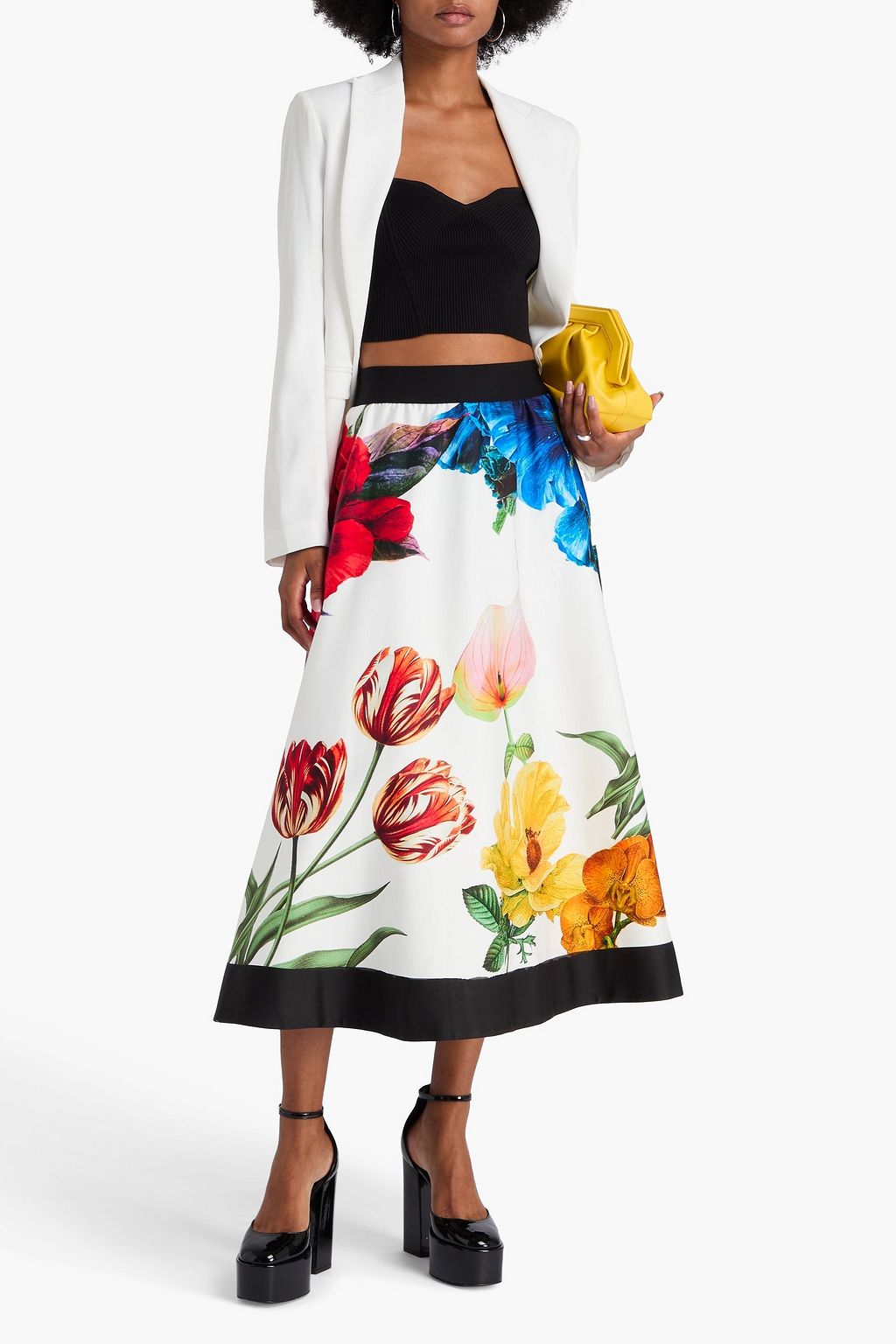 ALICE + OLIVIA تنورة متوسطة الطول من القطن المرن بنقوش الأزهار
