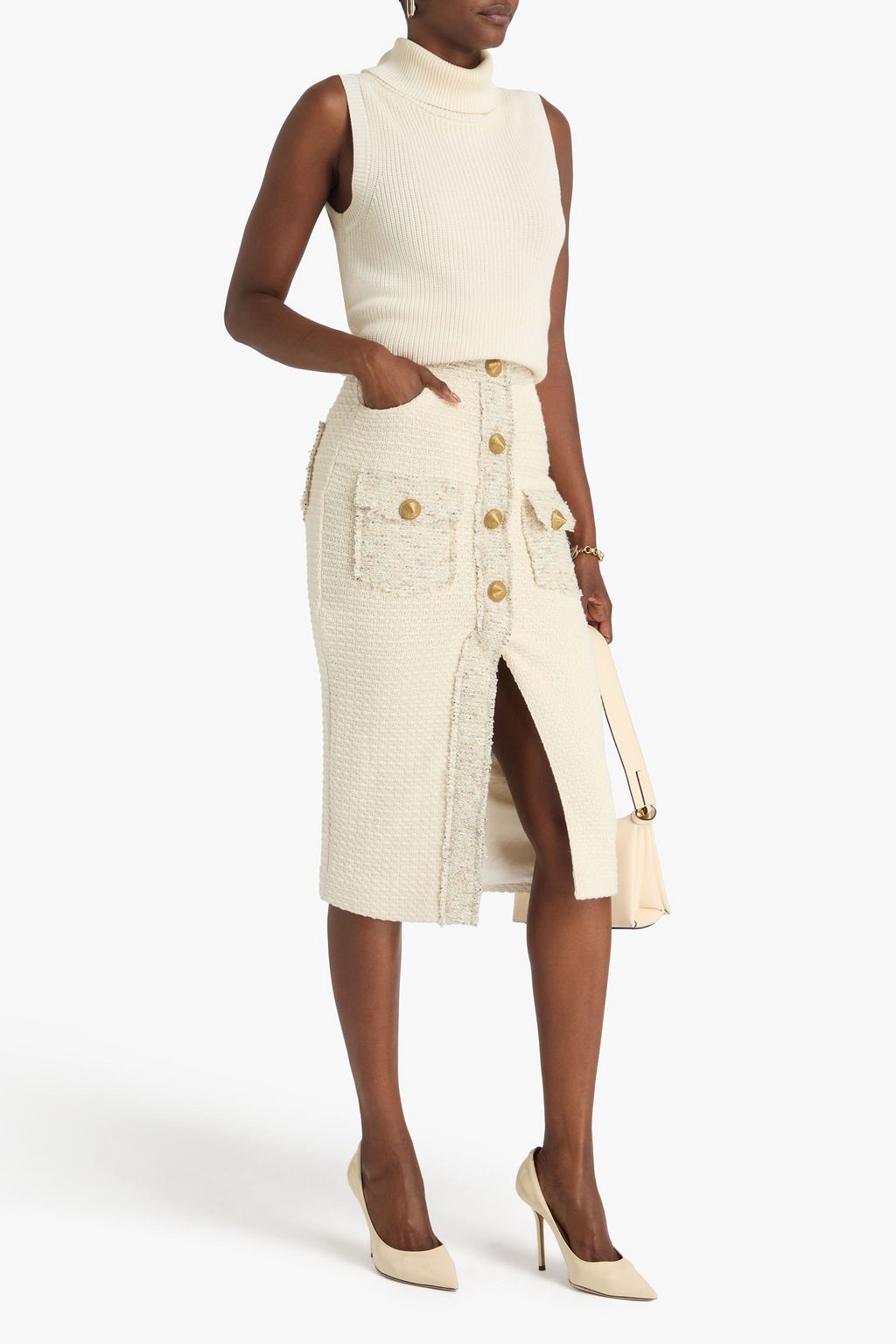 BALMAIN Cotton-tweed midi pencil skirt