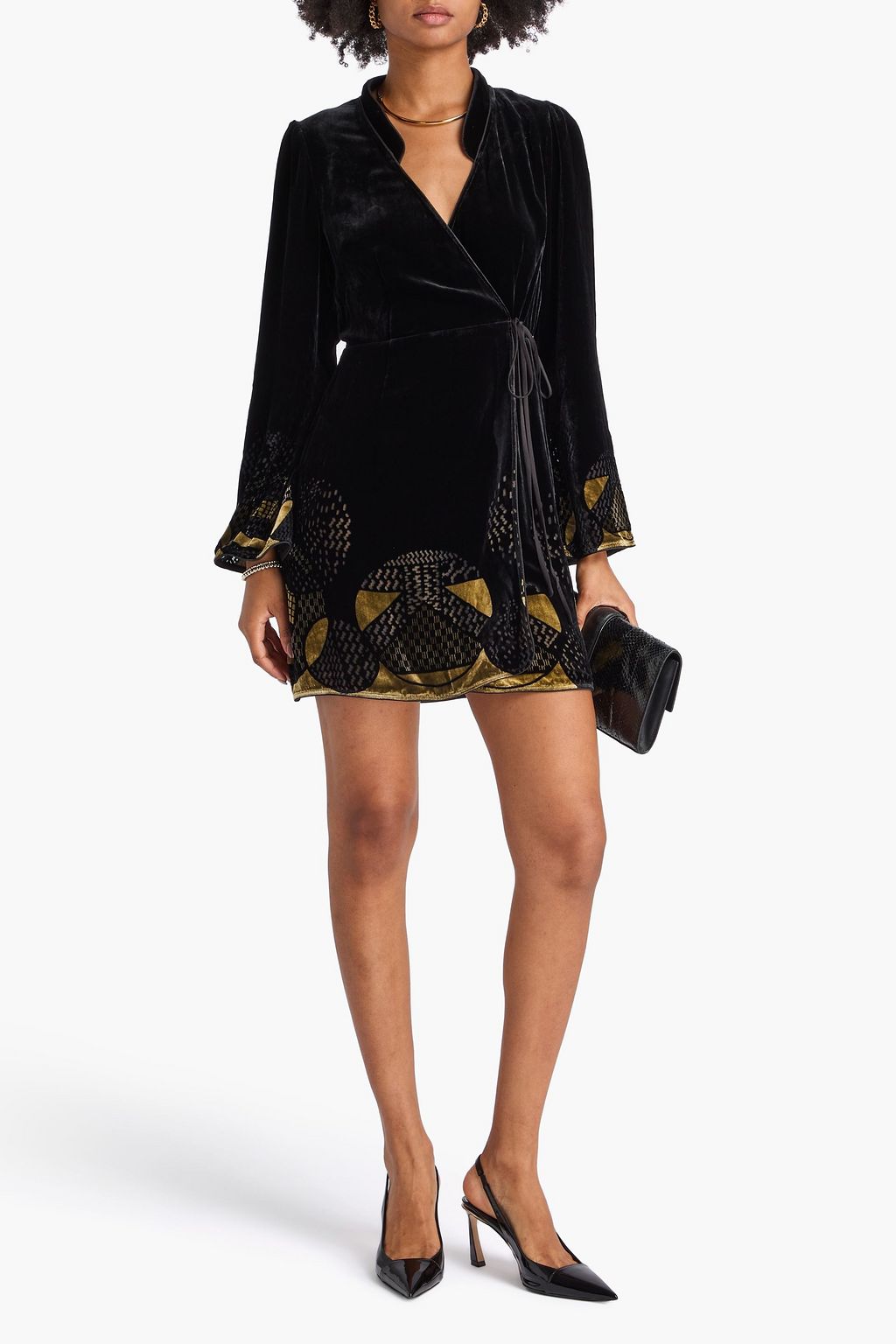 RIXO Printed devoré-velvet mini wrap dress