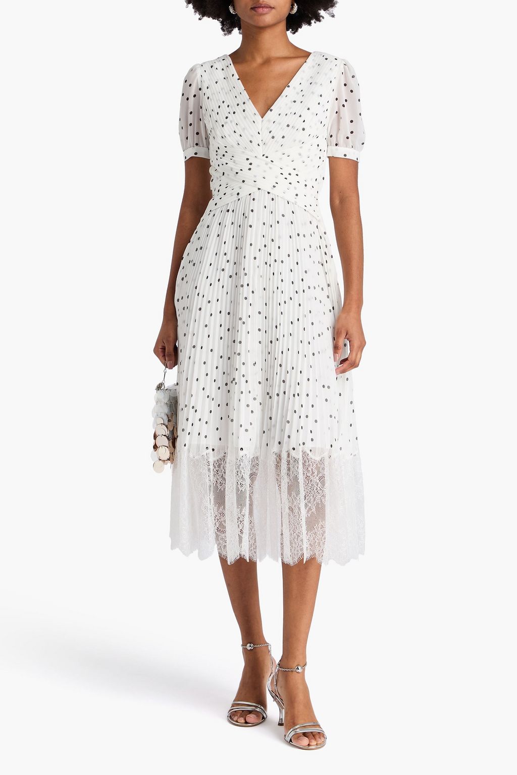 SELF-PORTRAIT Pleated polka-dot chiffon midi dress