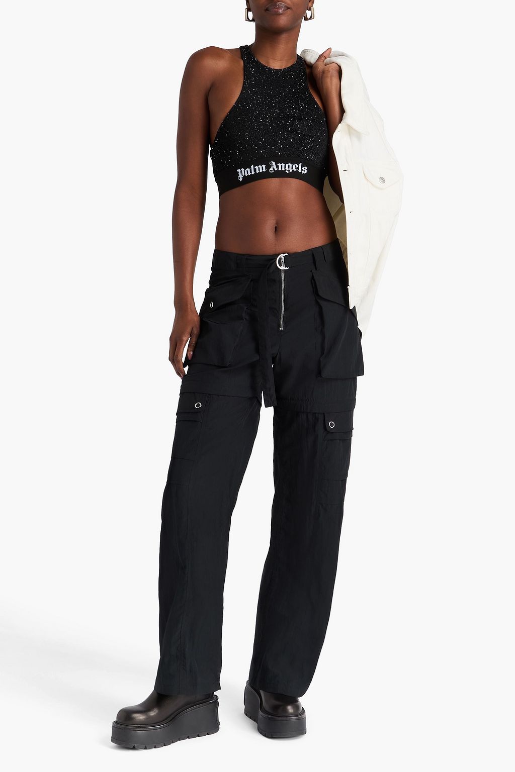 PALM ANGELS توب بنمط حمالة صدر محاك ومرصّع بالترتر
