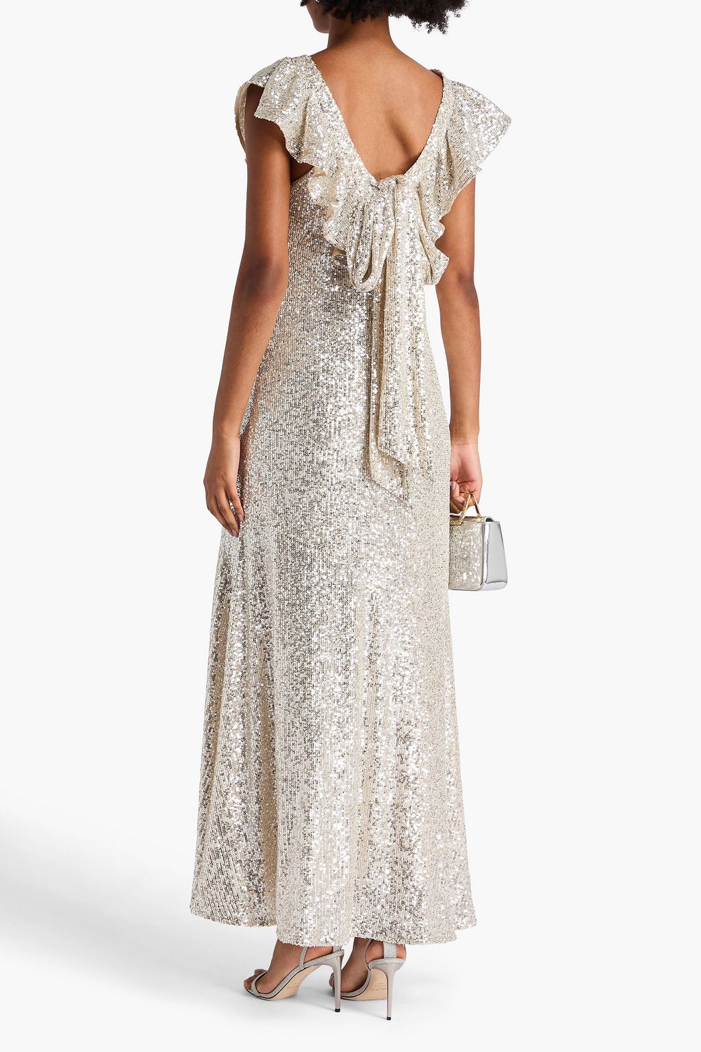 OLIVIA RUBIN فستان "كوين" طويل من التول المرصّع بالترتر بتصميم مكشكش