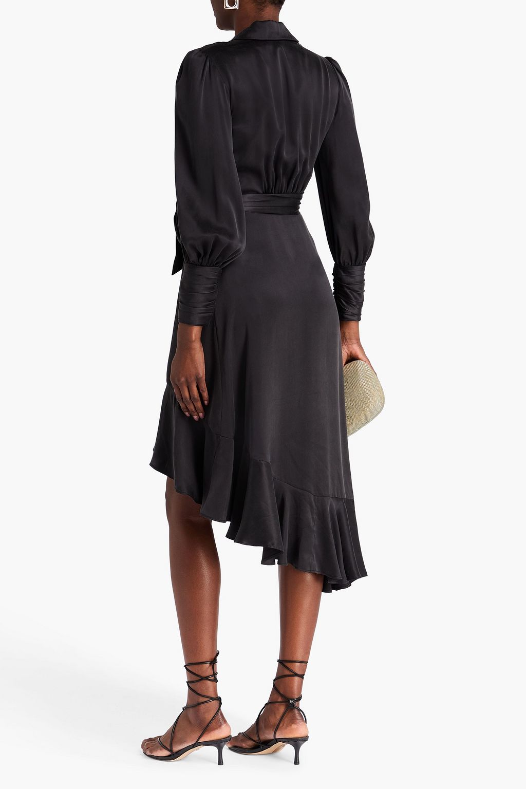 ZIMMERMANN فستان متوسط الطول مصنوع من حرير ساتان بتصميم ملتف ومزين بكشاكش