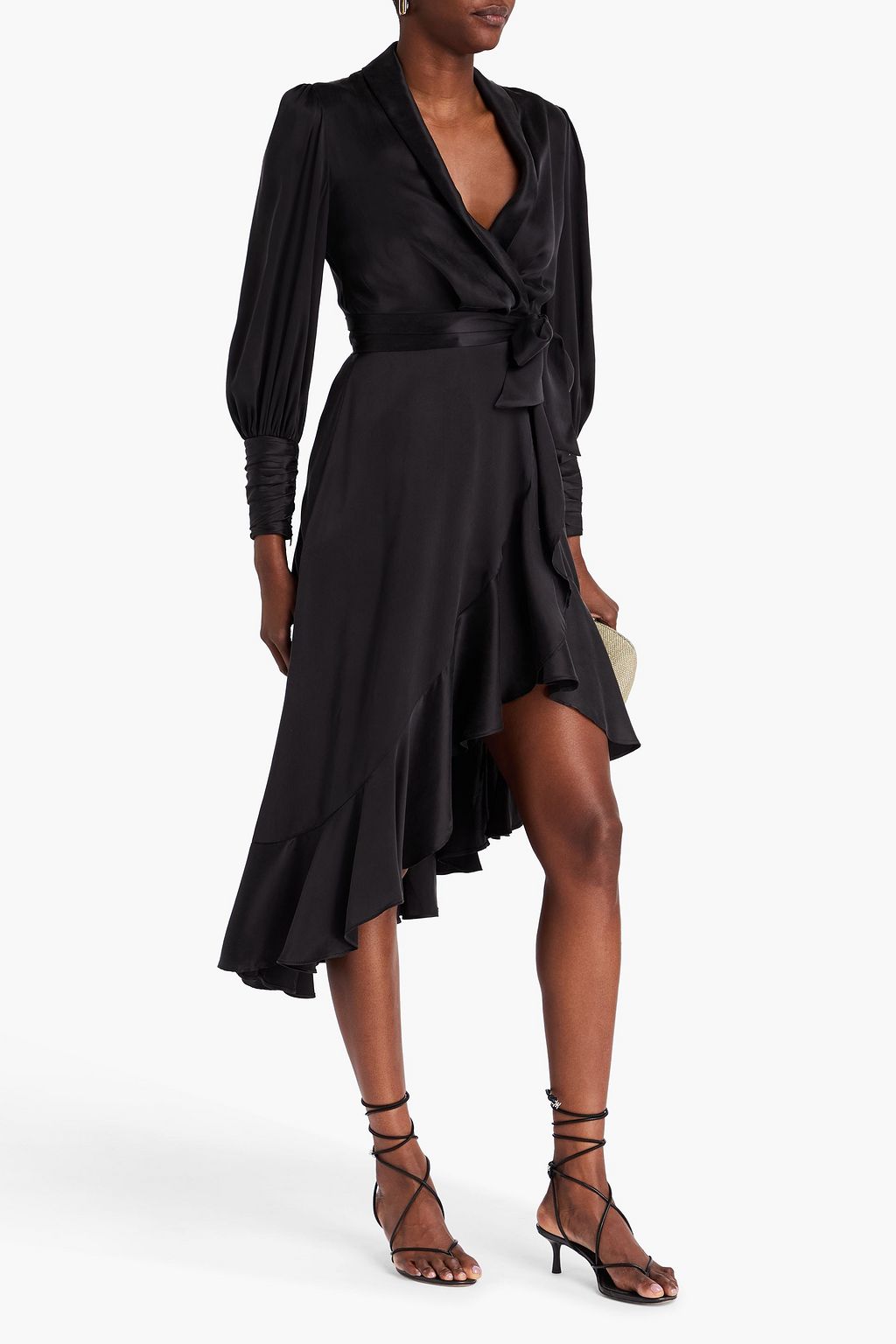 ZIMMERMANN فستان متوسط الطول مصنوع من حرير ساتان بتصميم ملتف ومزين بكشاكش