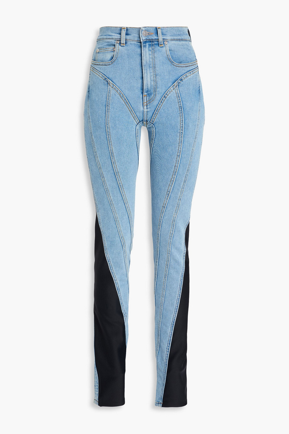 Mugler Spiral Scuba-paneled High-rise Slim-leg Jeans In Blue