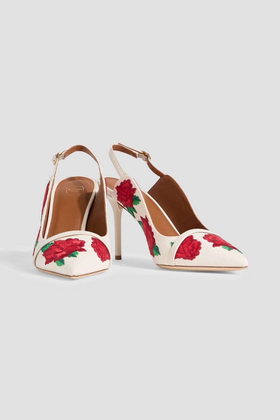 Malone Souliers Marion 85 Embroidered Canvas Slingback Pumps In White