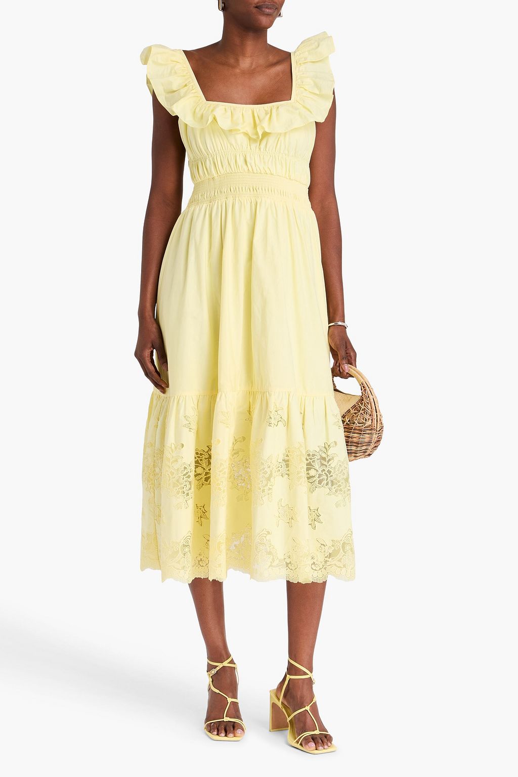 SELF-PORTRAIT Cutout lace-paneled cotton-poplin midi dress