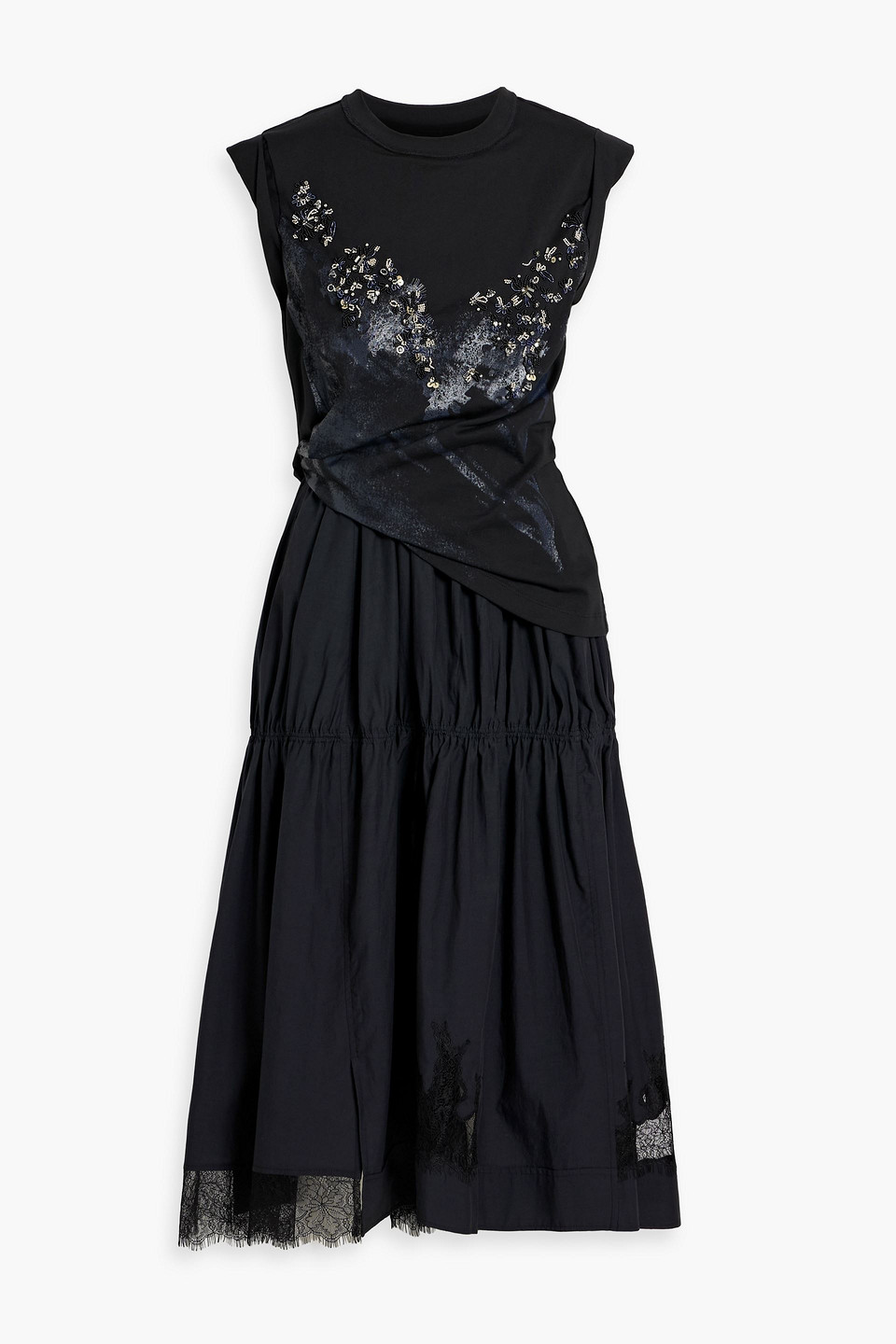 Embellished jersey-paneled TENCEL™ and cotton-blend midi dress