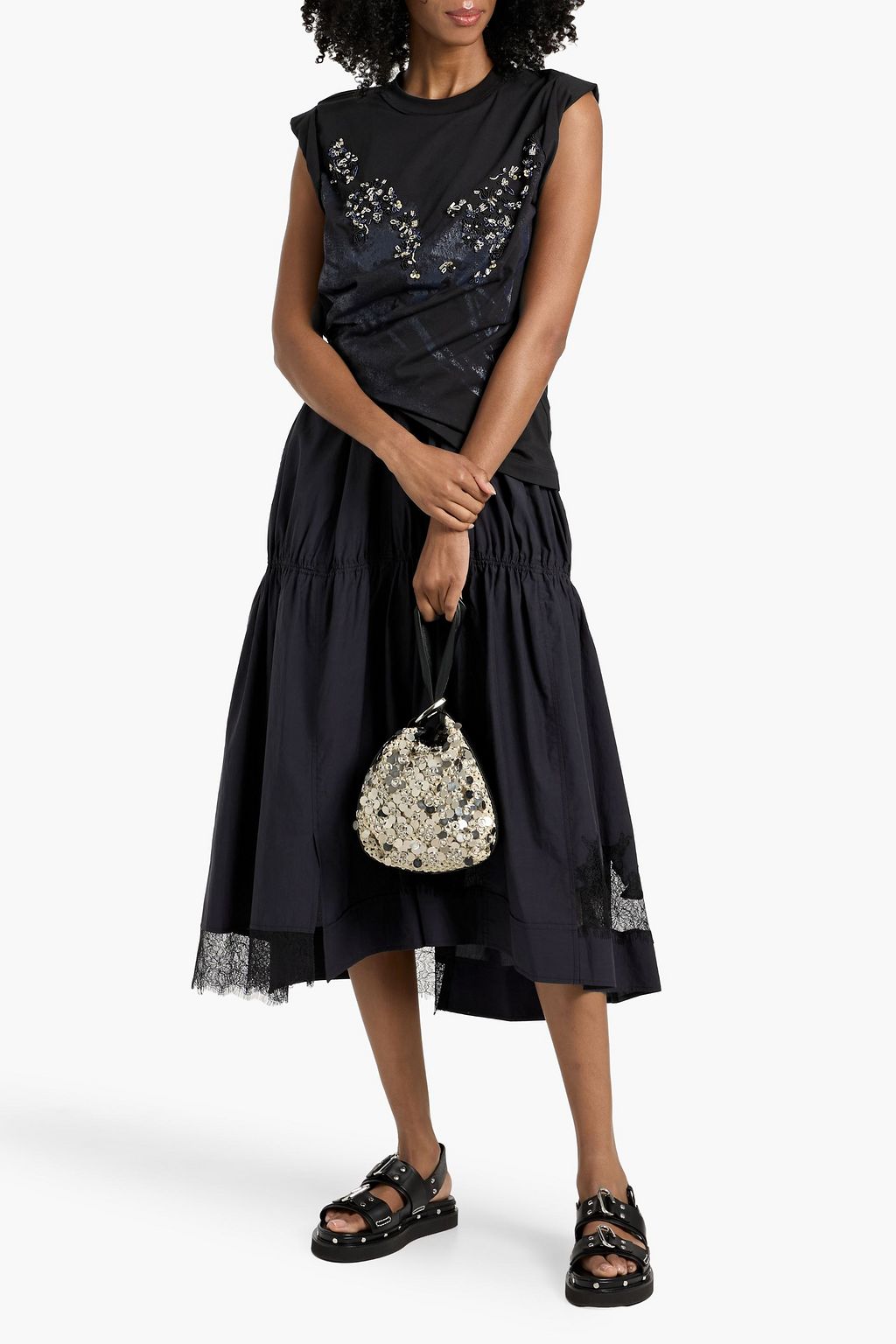 3.1 PHILLIP LIM Embellished jersey-paneled TENCEL™ and cotton-blend midi dress