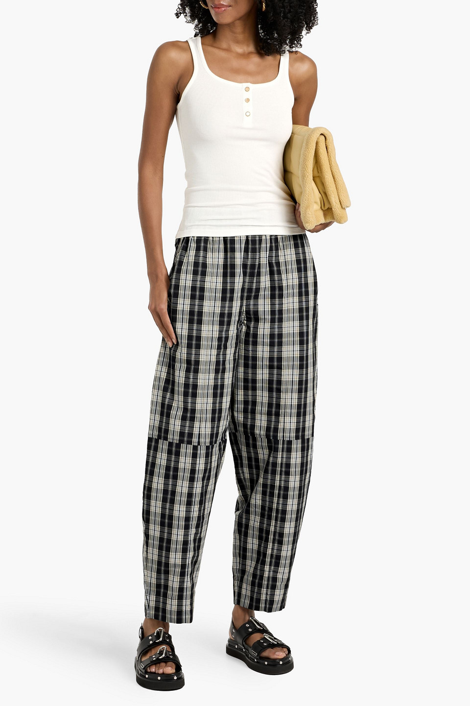 Ganni Checked Cotton-jacquard Tapered Pants