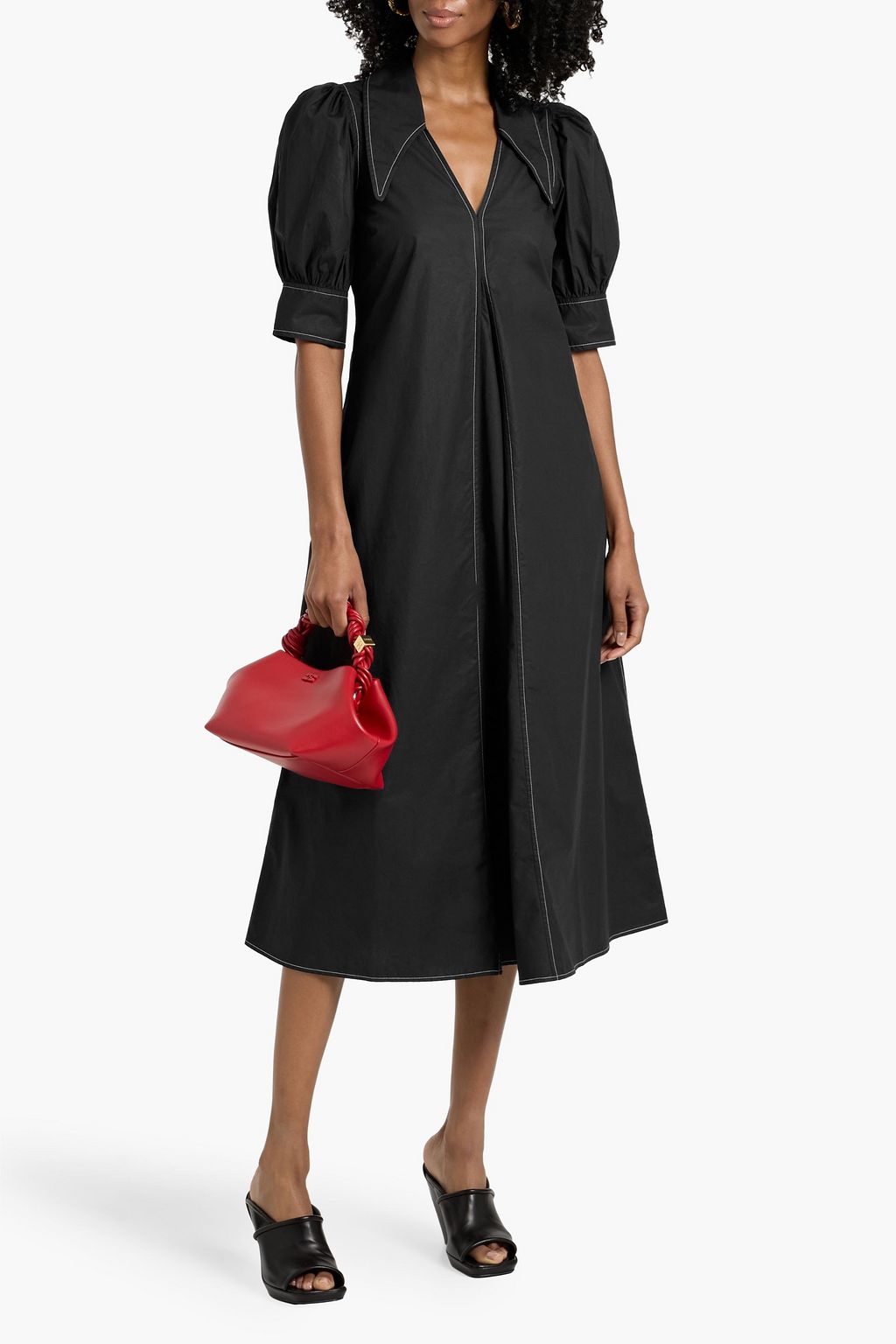 GANNI Pleated cotton-poplin midi dress