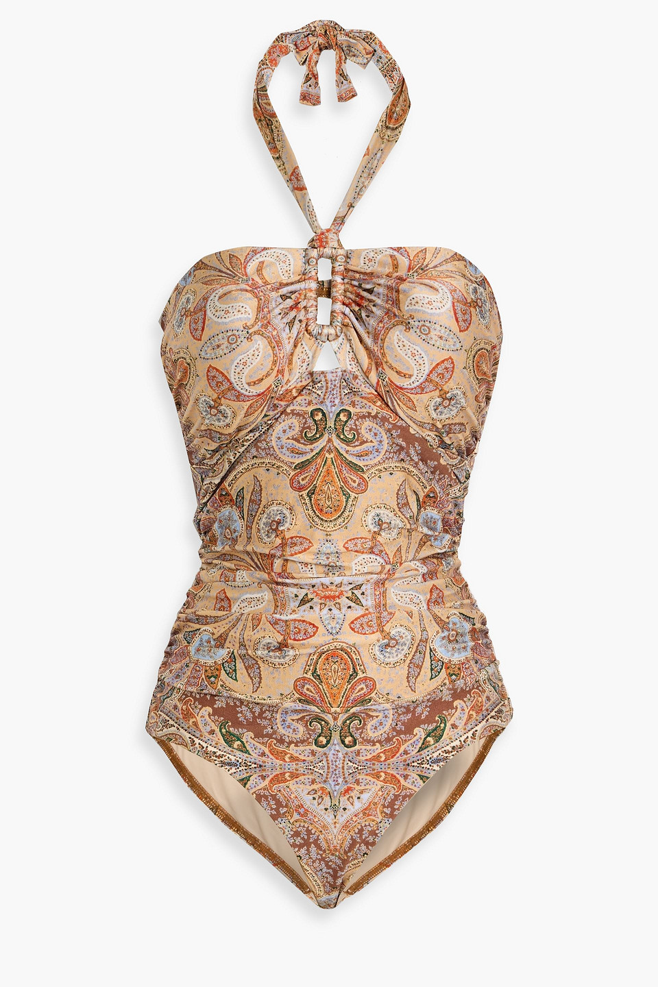 Zimmermann Ruched Paisley-print Halterneck Swimsuit
