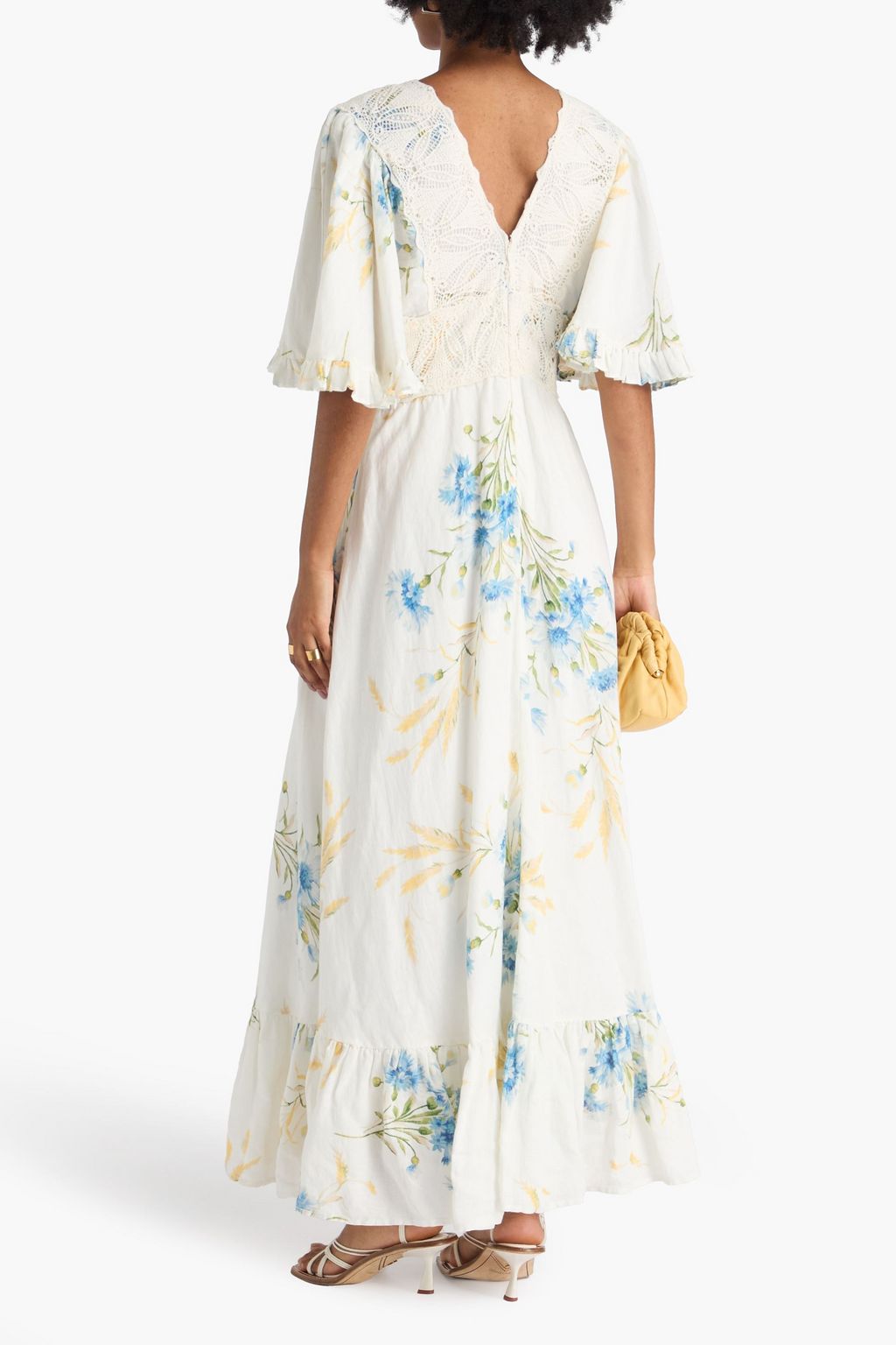 BYTIMO Maxikleid aus einer Leinenmischung mit floralem Print und Makrameebesatz