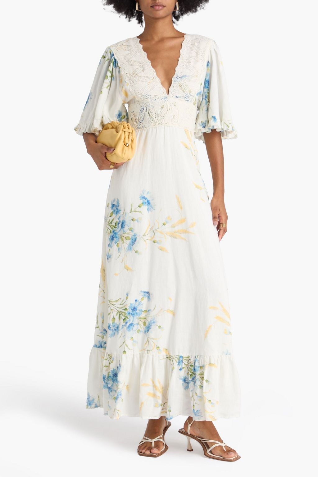 BYTIMO Maxikleid aus einer Leinenmischung mit floralem Print und Makrameebesatz