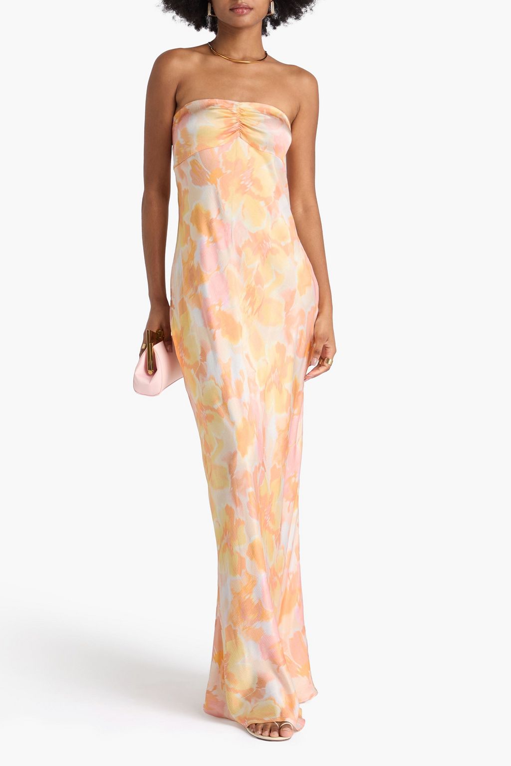 BEC & BRIDGE Strapless ruched printed satin-crepe maxi dress
