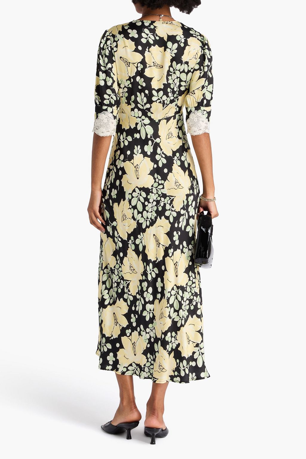 RIXO Simone Midikleid aus Satin mit floralem Print und Spitzenbesatz