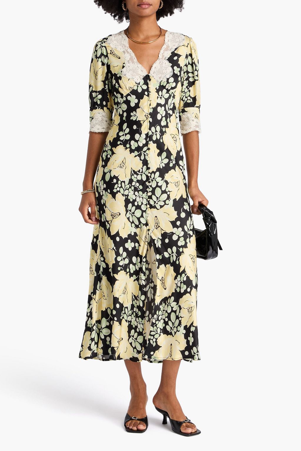 RIXO Simone Midikleid aus Satin mit floralem Print und Spitzenbesatz