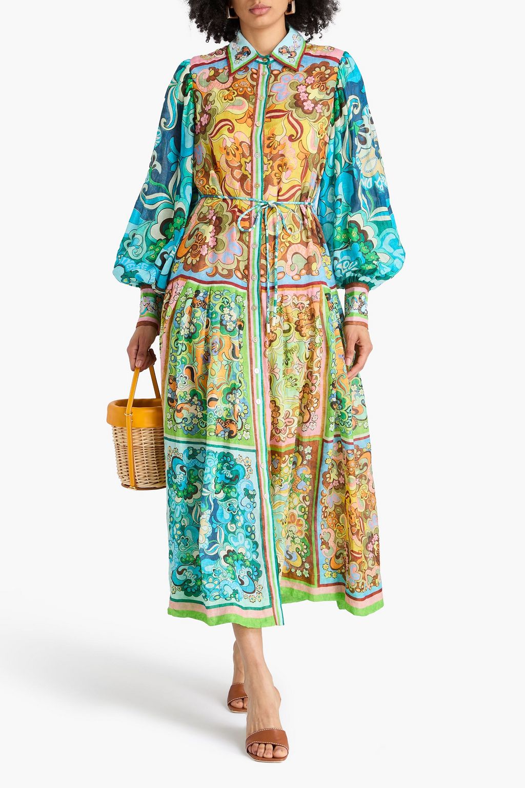 ALÉMAIS Pleated printed ramie maxi shirt dress