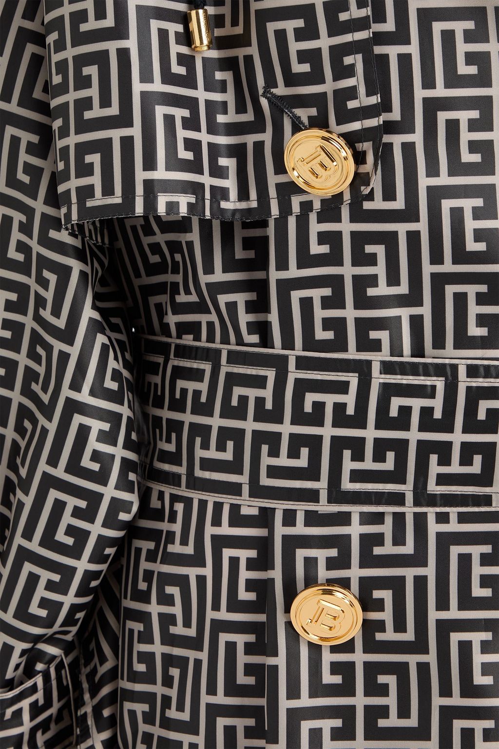 BALMAIN Double-breasted printed shell hooded raincoat