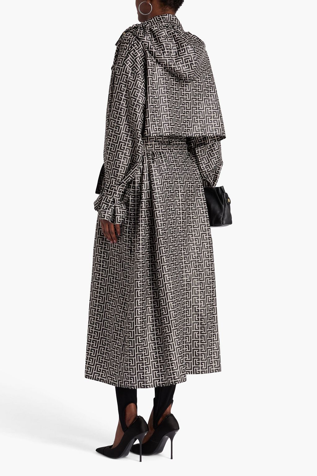 BALMAIN Double-breasted printed shell hooded raincoat