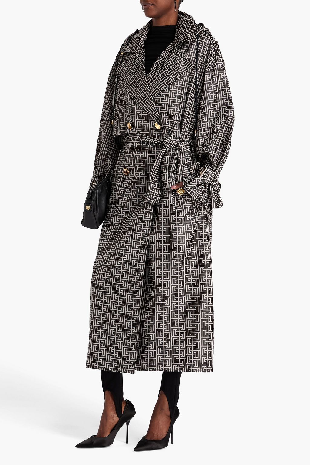 BALMAIN Double-breasted printed shell hooded raincoat