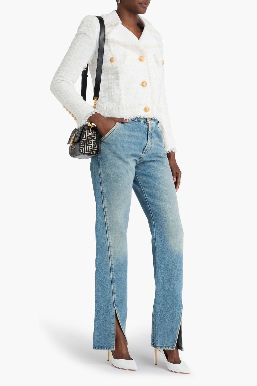 BALMAIN جاكيت من التويد بحواف منسّلة