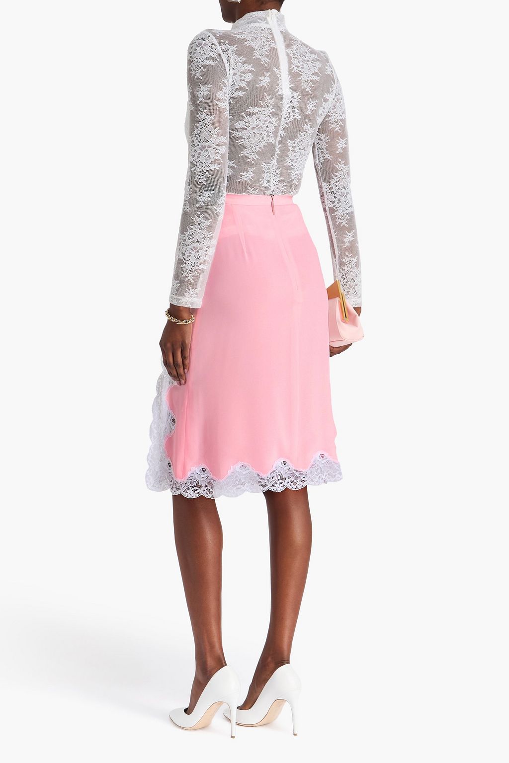 CHRISTOPHER KANE Lace-trimmed crepe de chine midi skirt