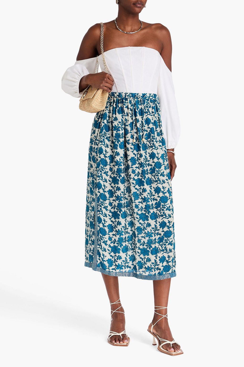 HANNAH Clarisse floral-print silk crepe de chine midi skirt