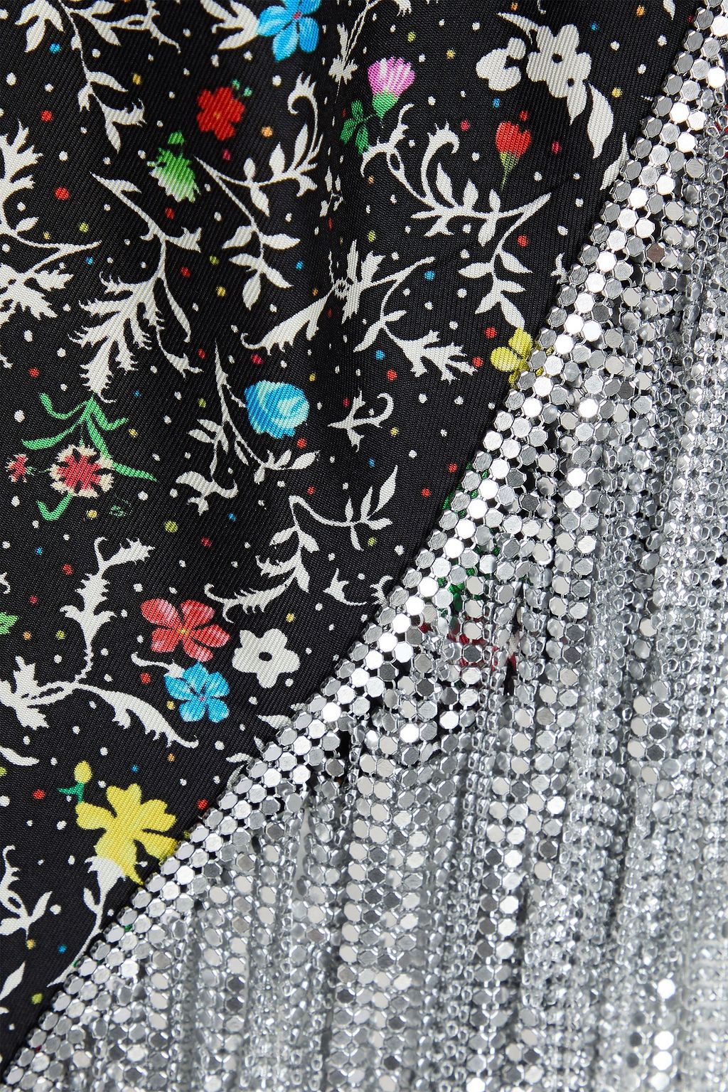 RABANNE Fringed chainmail and floral-print silk-twill wrap