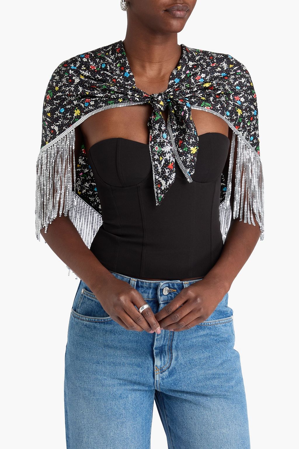 RABANNE Fringed chainmail and floral-print silk-twill wrap