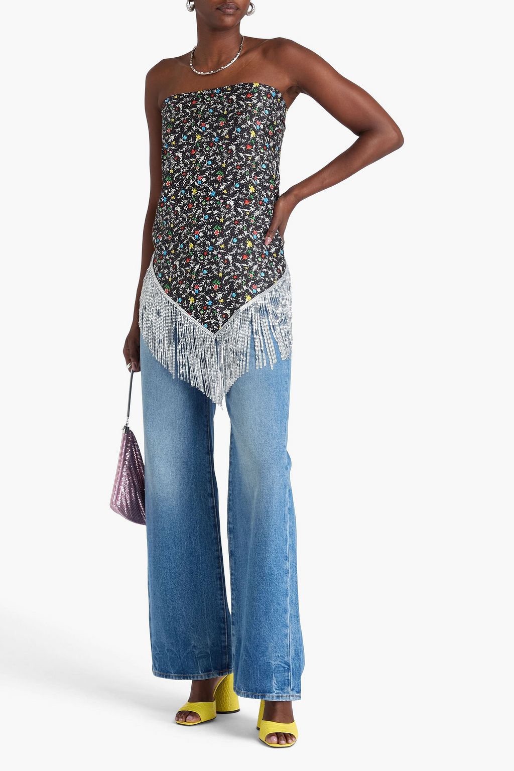 RABANNE Fringed chainmail and floral-print silk-twill wrap