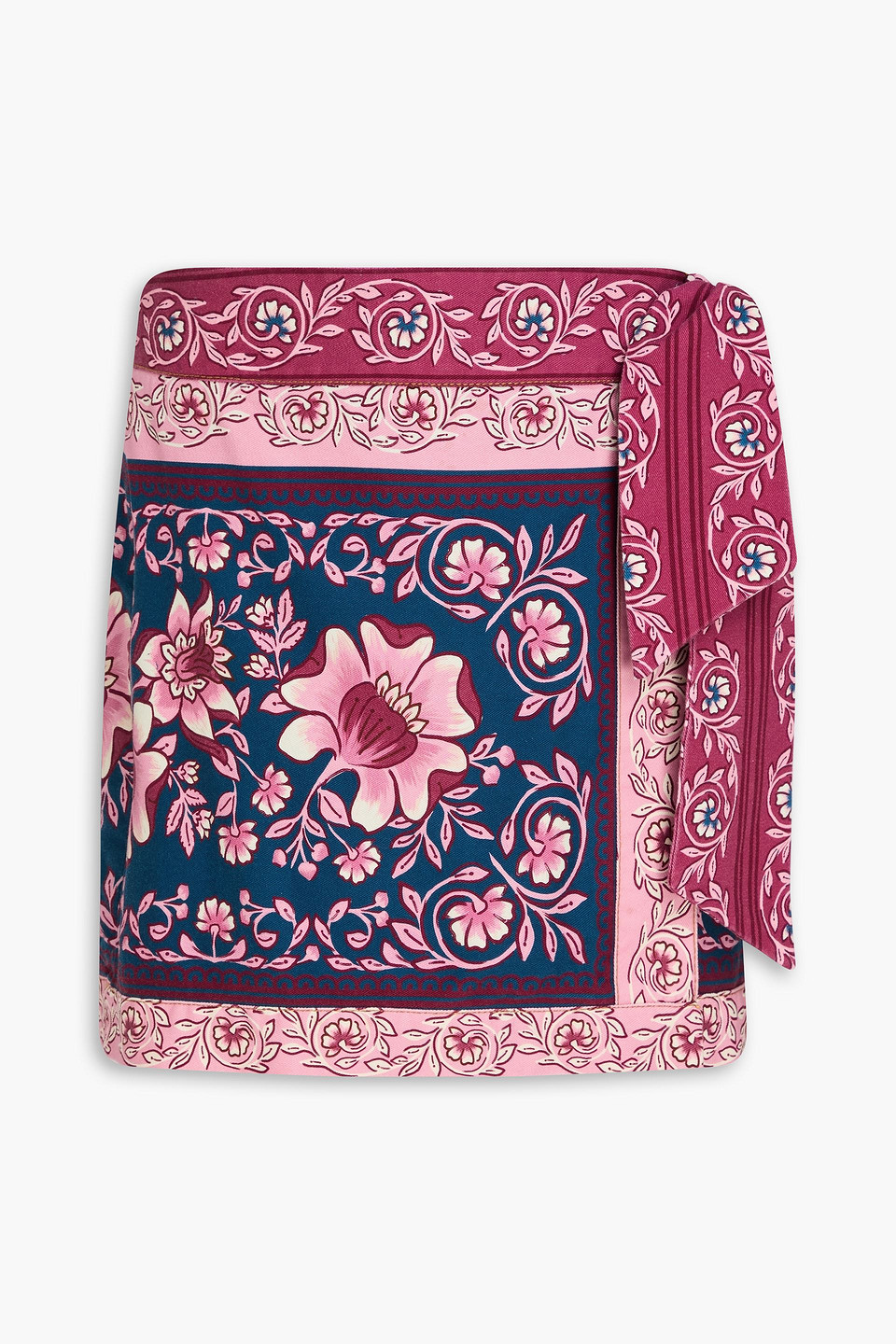 farm rio - wrap-effect floral-print cotton-twill mini skirt - pink - 25