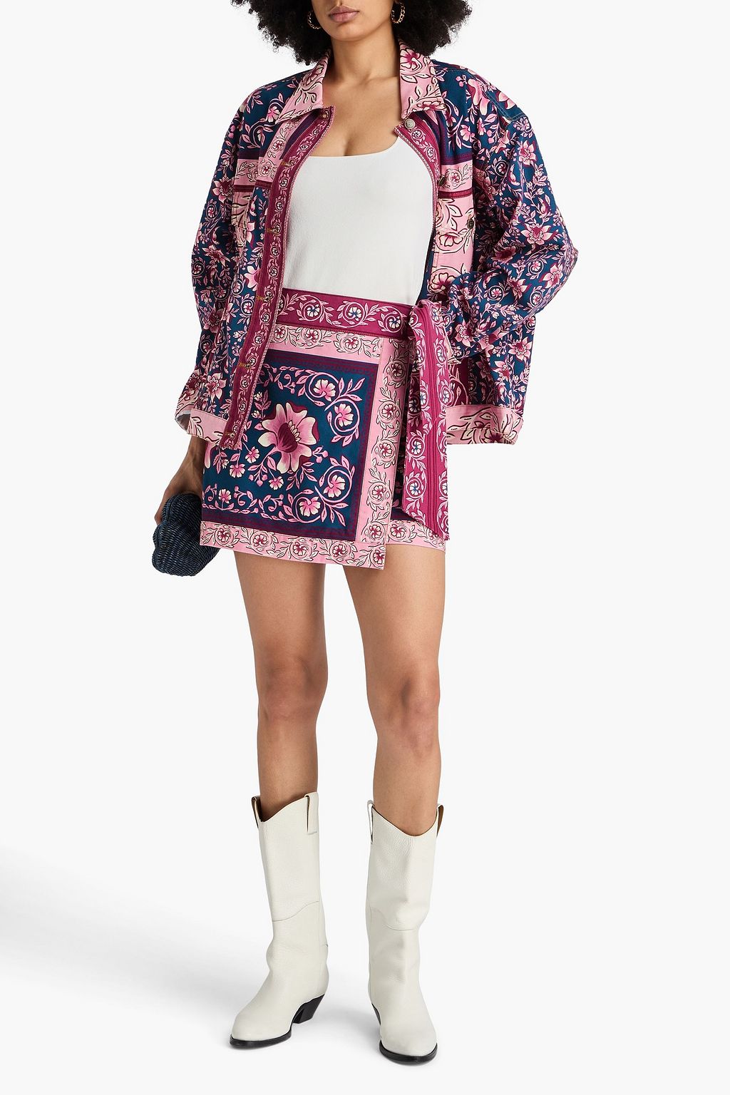 FARM RIO Minirock aus Denim mit floralem Print und Wickeleffekt