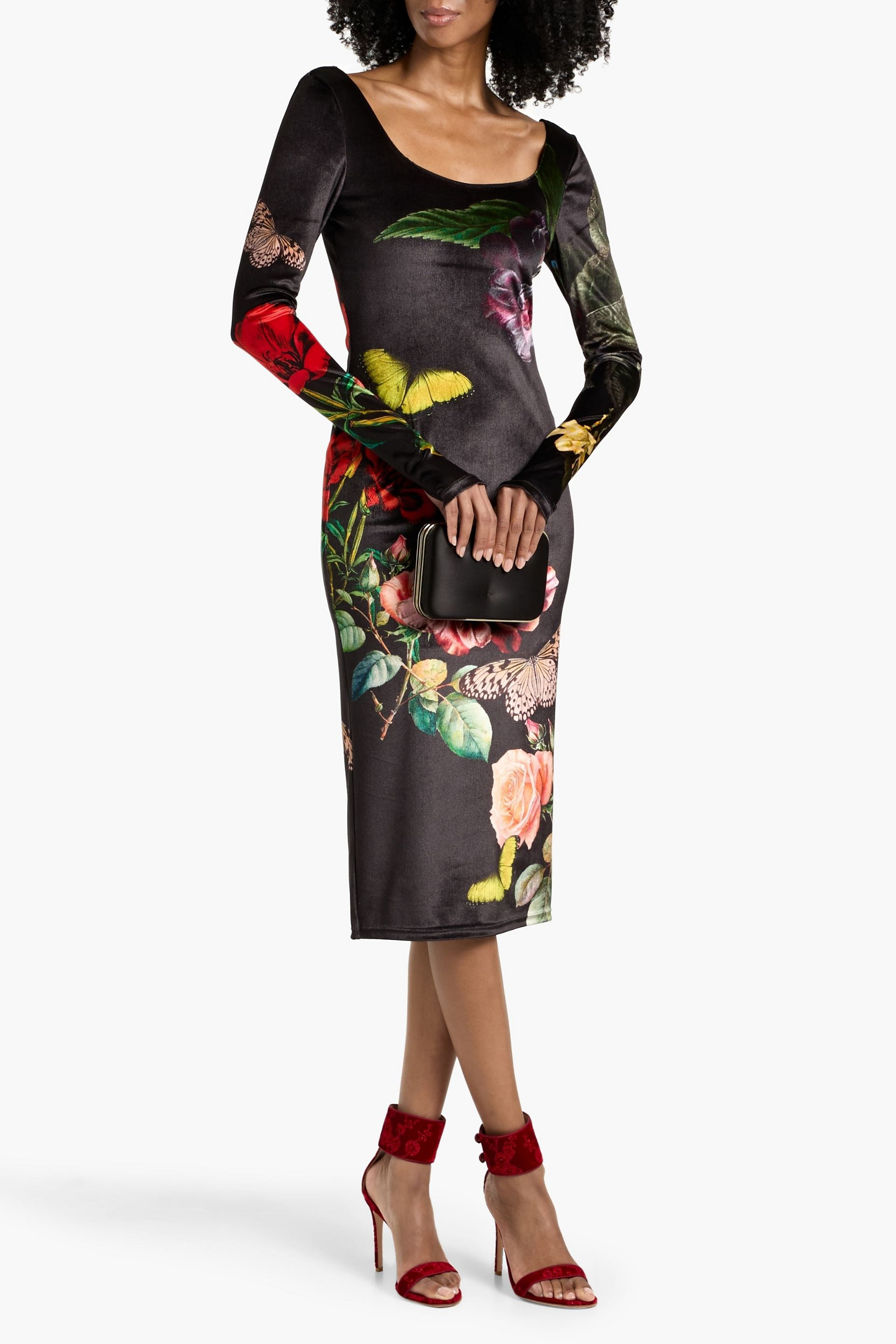 alice + olivia Delora floral-print stretch-velvet midi dress