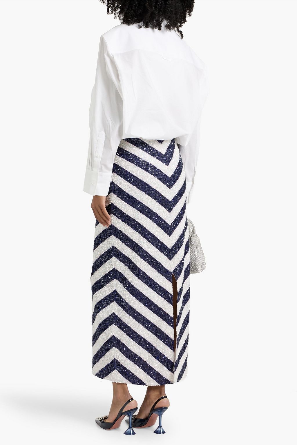 STAUD St. Tropez embellished striped mesh maxi skirt