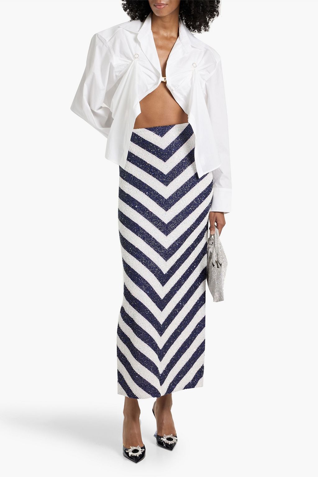 STAUD St. Tropez embellished striped mesh maxi skirt