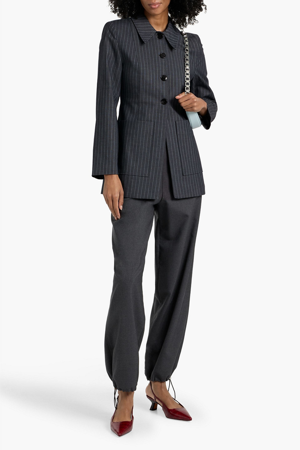 Ganni Pinstriped Twill Blazer In Gray
