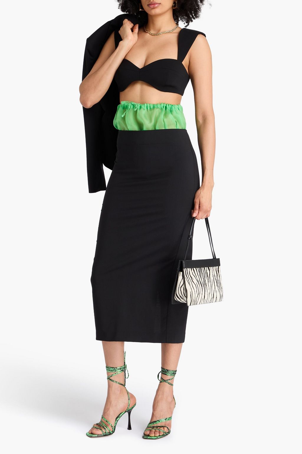 A.W.A.K.E. MODE Organza-paneled wool-blend crepe midi pencil skirt