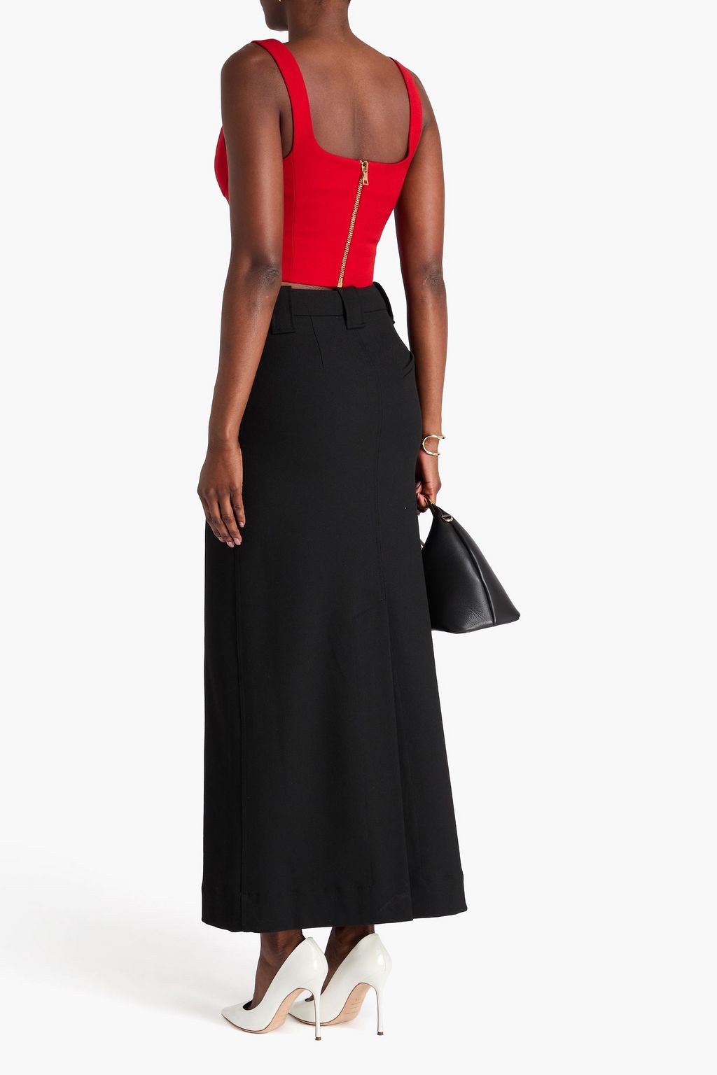 BALMAIN Cropped embellished grain de poudre wool bustier top